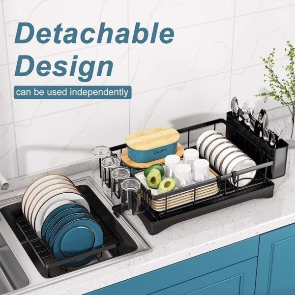Shopi Vella kitchen countertop water filter rack with detachable design holding plates, cups, utensils, and jars on a kitchen counter