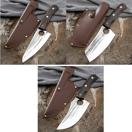 Shopi Vella kitchen deboning knife with wooden handle and leather sheath on rustic wooden surface