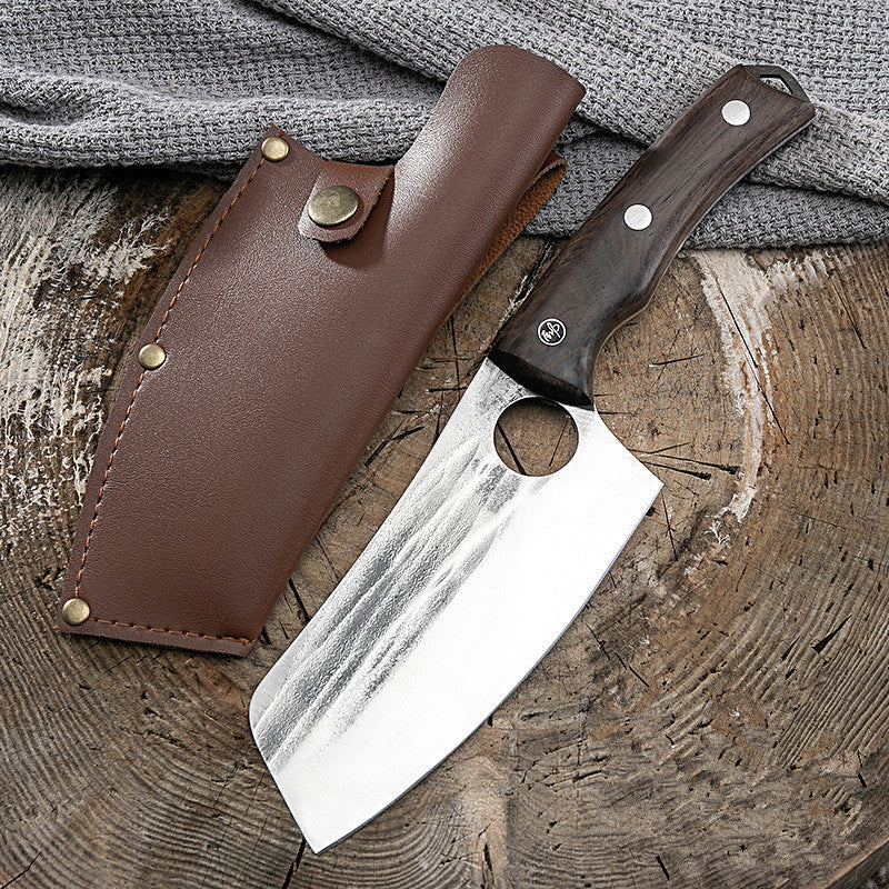 Shopi Vella kitchen deboning knife with sharp stainless steel blade and wooden handle with leather sheath