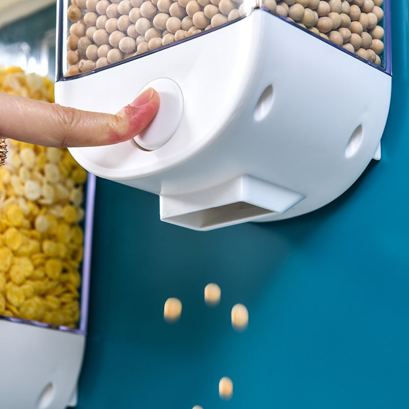 Shopi Vella kitchen food storage container dispensing soybeans with a white push button