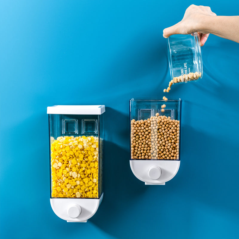 Shopi Vella kitchen food storage container set mounted on blue wall with cereals and soybeans