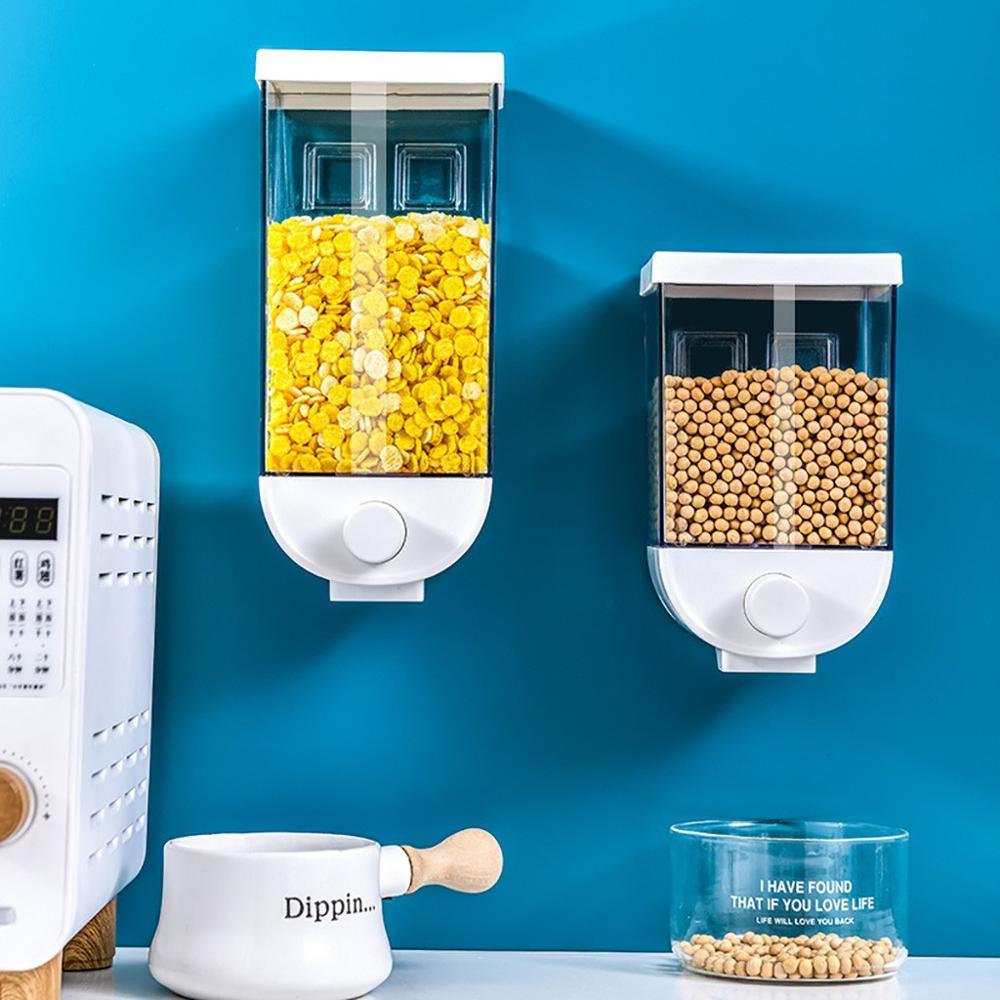 Shopi Vella kitchen food storage container set mounted on blue wall with cereal and beans