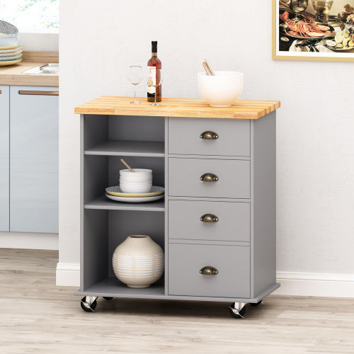 Shopi Vella kitchen island on wheels with gray storage drawers and open shelves with wooden countertop