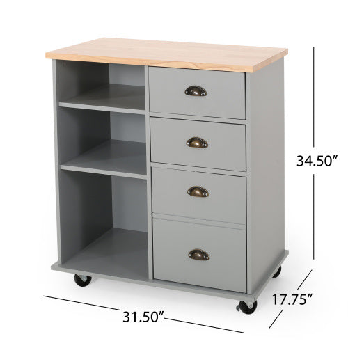 Shopi Vella kitchen island on wheels with gray drawers and open shelves for home storage