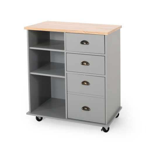Shopi Vella gray kitchen island on wheels with wooden top, open shelves, and four drawers for home storage