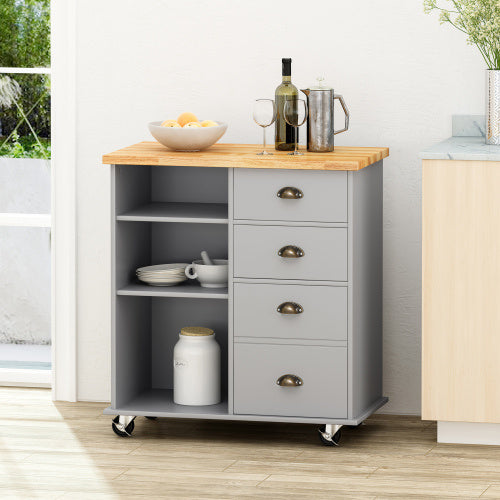 Shopi Vella gray kitchen island on wheels with wooden top, drawers, and open shelves for storage