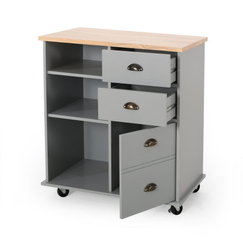 Shopi Vella kitchen island on wheels in gray with wooden top open drawers and shelves for home storage