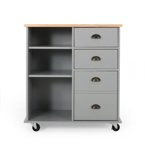 Shopi Vella gray kitchen island on wheels with wooden top open shelves and four drawers for home storage