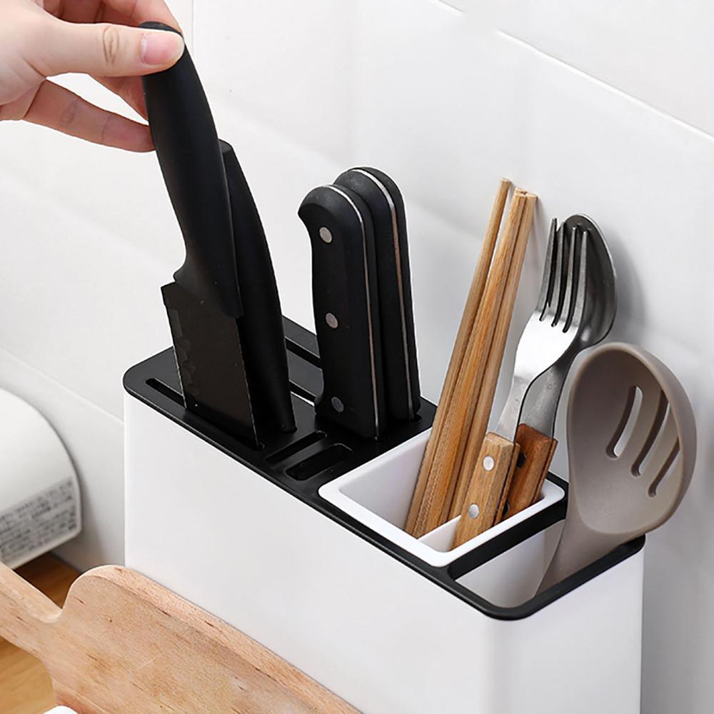 Shopi Vella white kitchen knife holder rack with black knives and utensils for kitchen storage