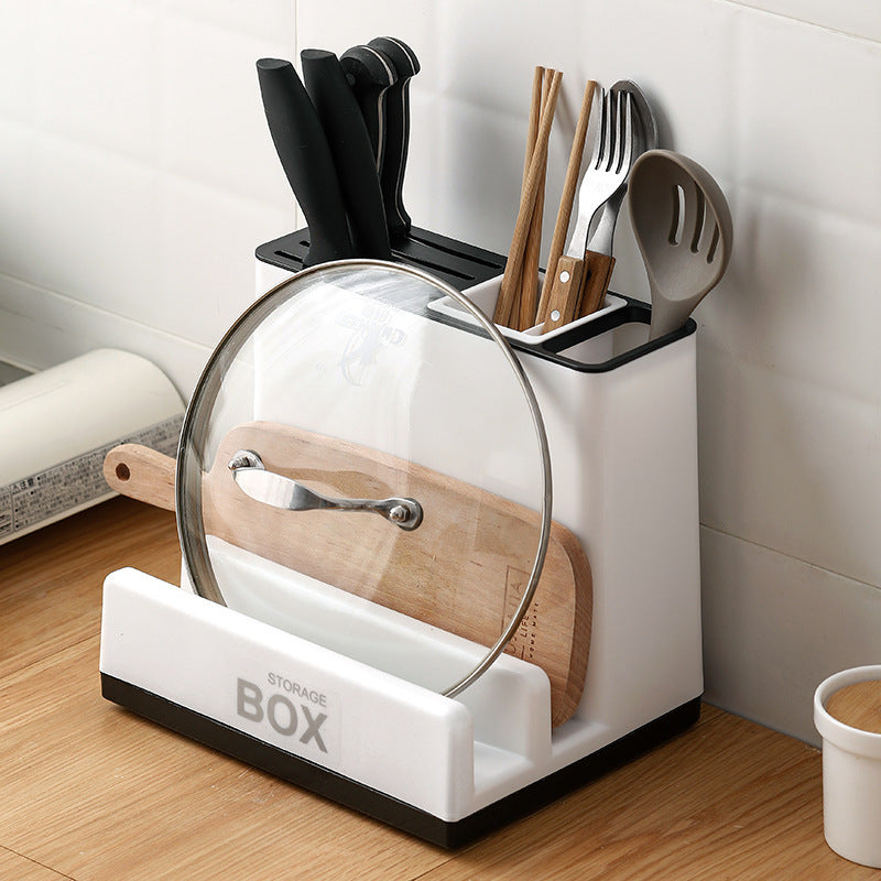 Shopi Vella kitchen knife holder rack with slots for knives, utensils, and a glass lid on kitchen counter