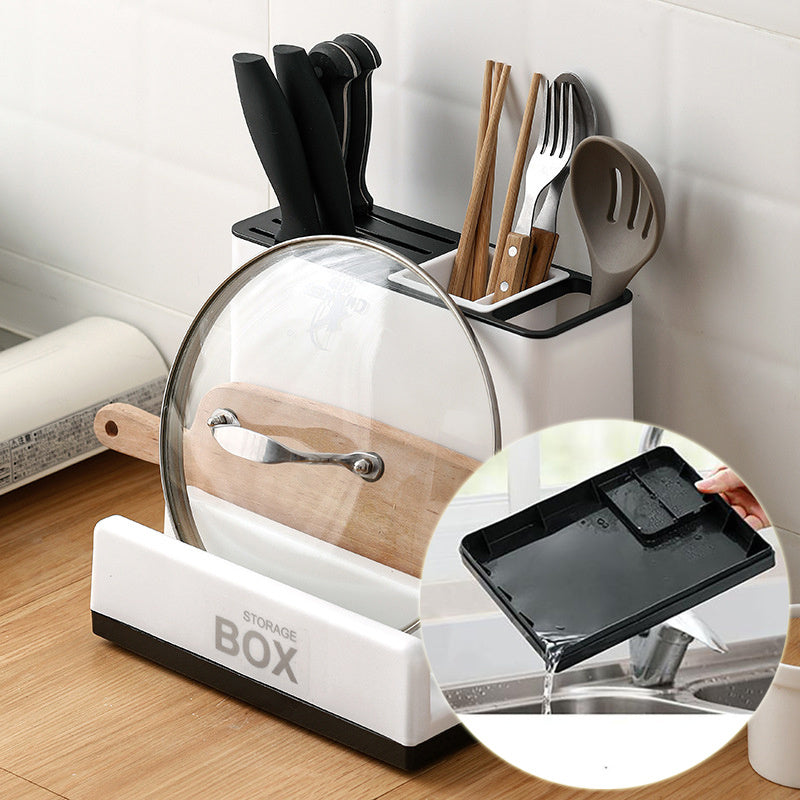 Shopi Vella kitchen knife holder rack with utensil compartments and lid storage box on wooden countertop