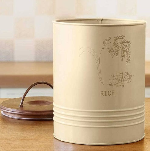 Shopi Vella kitchen rice canister with wooden lid in beige with rice plant design