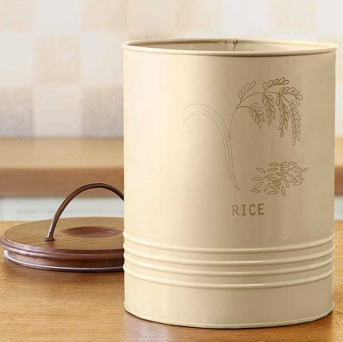 Shopi Vella kitchen rice canister with wooden lid in beige with rice plant design for storage