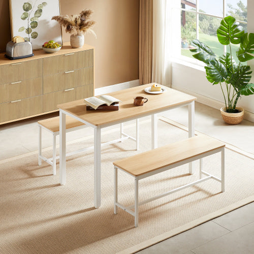 Shopi Vella kitchen table counter with chairs set featuring a light wood top and white metal frame in a bright dining room