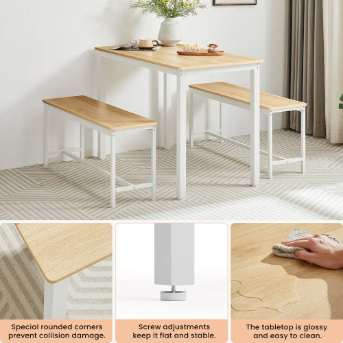 Shopi Vella kitchen table counter with chairs set featuring wooden top and white metal frame with benches