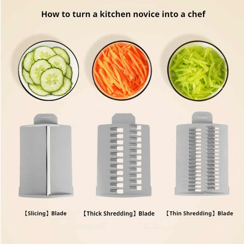 Shopi Vella kitchen vegetable slicer with slicing blade and thick and thin shredding blades for versatile vegetable cutting
