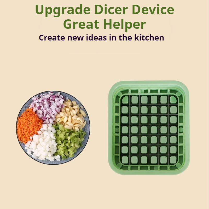 Shopi Vella kitchen vegetable slicer with green grid and diced vegetables on plate