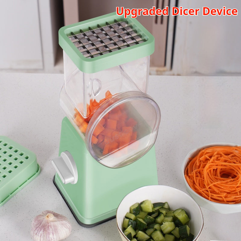 Shopi Vella kitchen vegetable slicer with green base and clear container slicing carrots on countertop