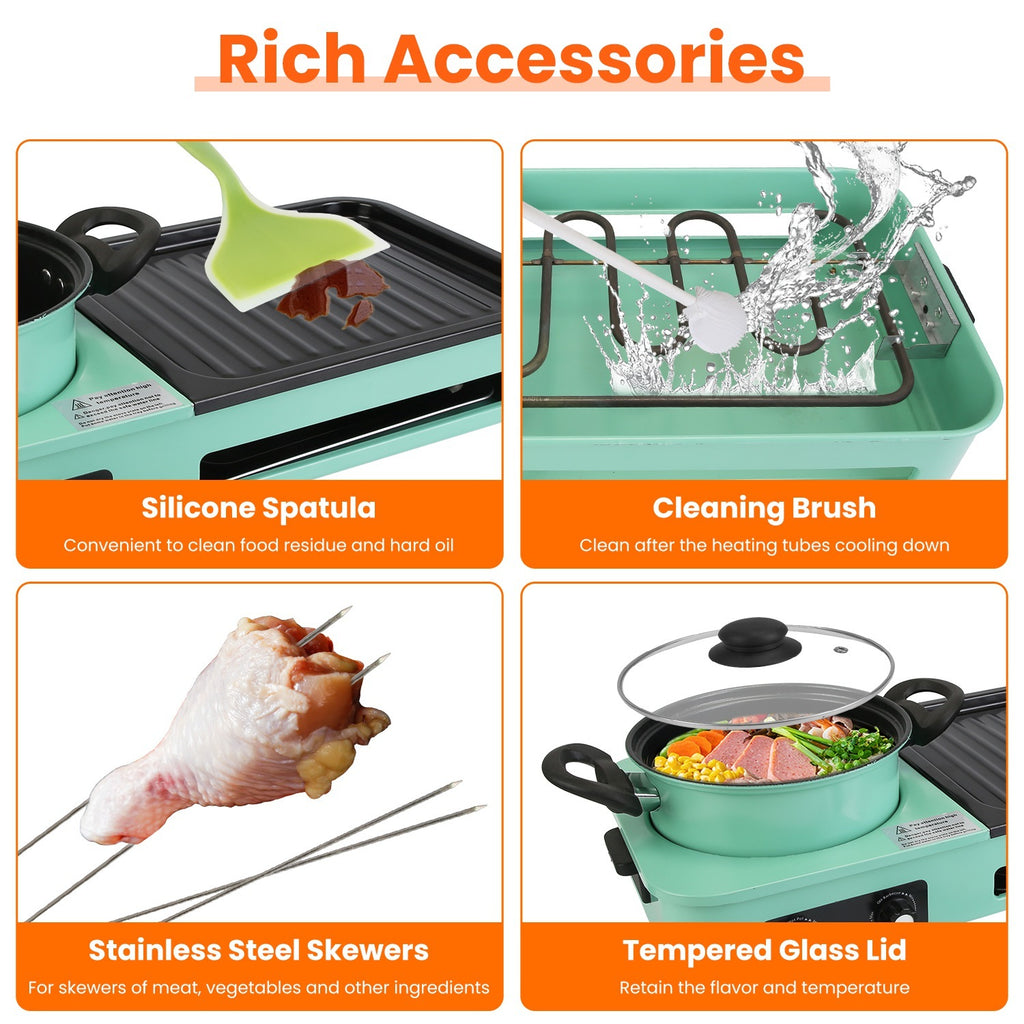 Shopi Vella Korean BBQ grill with shabu shabu hot pot featuring silicone spatula, cleaning brush, stainless steel skewers, and tempered glass lid