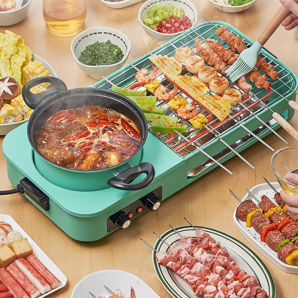 Shopi Vella Korean BBQ grill with shabu shabu hot pot cooking skewers and fresh ingredients on wooden table