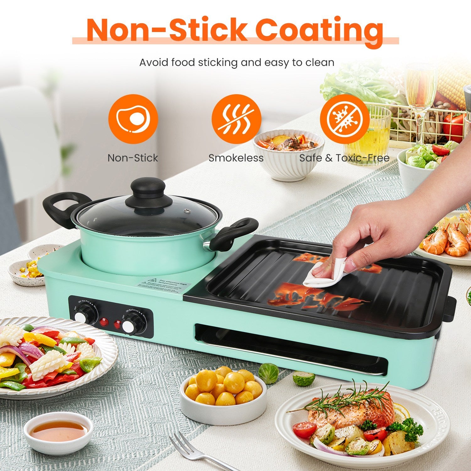 Shopi Vella Korean BBQ grill with shabu shabu hot pot featuring non-stick coating and smokeless design