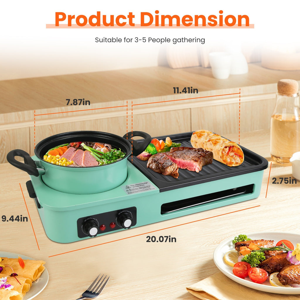 Shopi Vella Korean BBQ grill with shabu shabu hot pot in green bakeware with food cooking on countertop