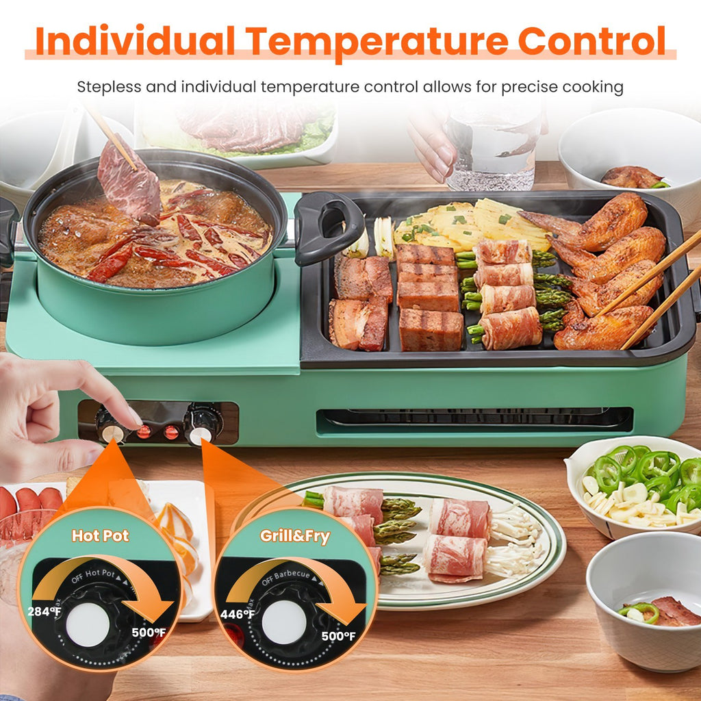 Shopi Vella Korean BBQ grill with shabu shabu hot pot featuring individual temperature control for precise cooking