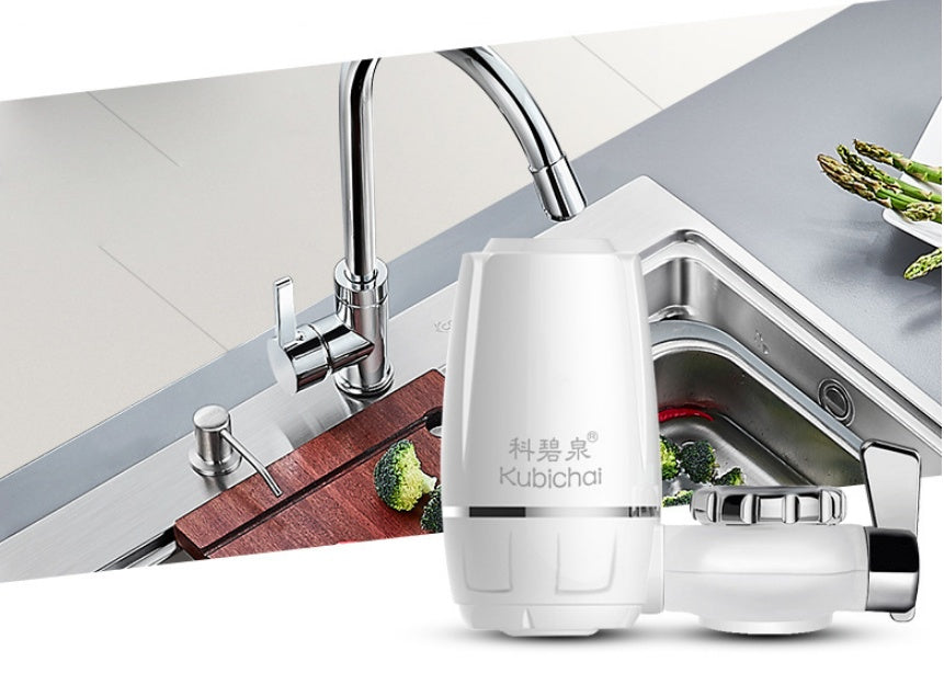 My Store kitchen faucet water filter installed on a modern kitchen sink with fresh vegetables nearby