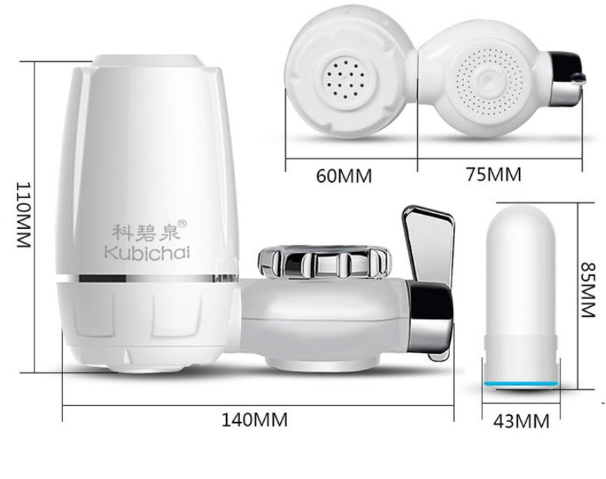 White kitchen faucet water filter with measurements showing compact design and easy installation