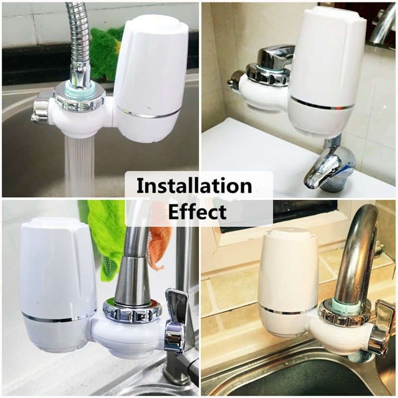 White kitchen faucet water filter installed on various kitchen faucets showing installation effect