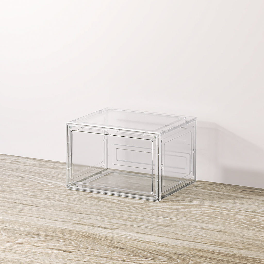 Shopi Vella large acrylic shoebox organizer clear storage box on wooden surface