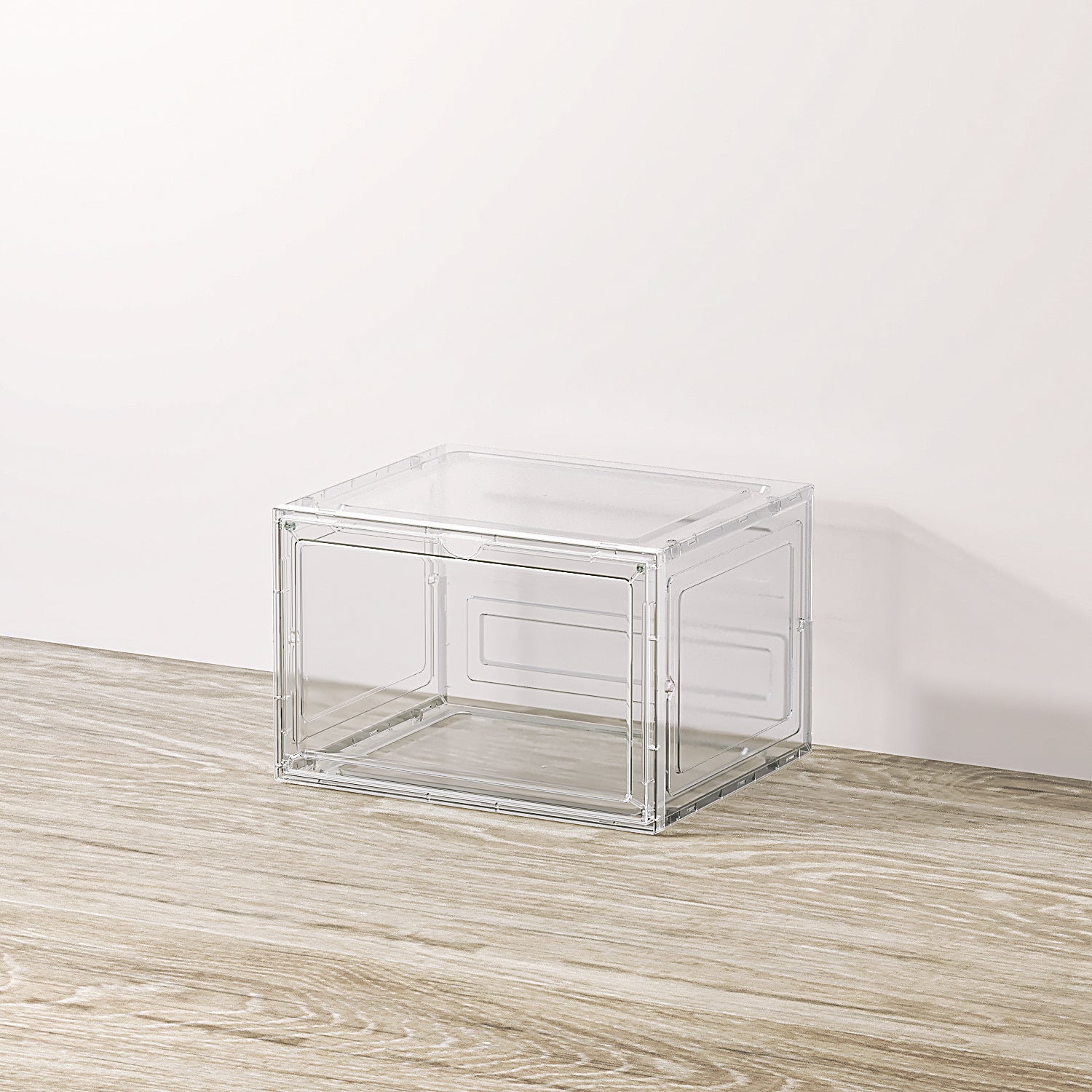 Shopi Vella large acrylic shoebox organizer clear storage box on wooden surface