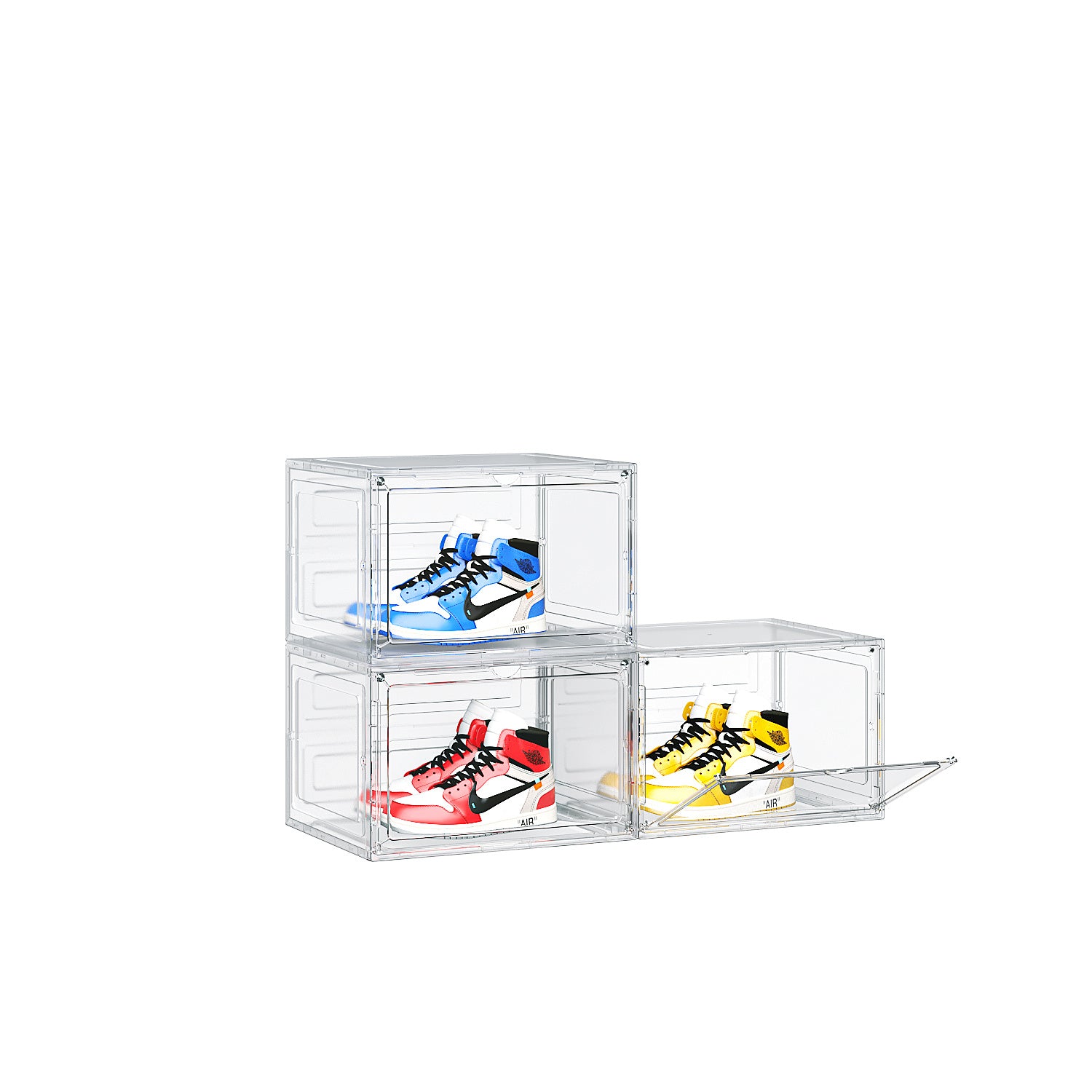Shopi Vella large acrylic shoebox organizer displaying three pairs of colorful sneakers