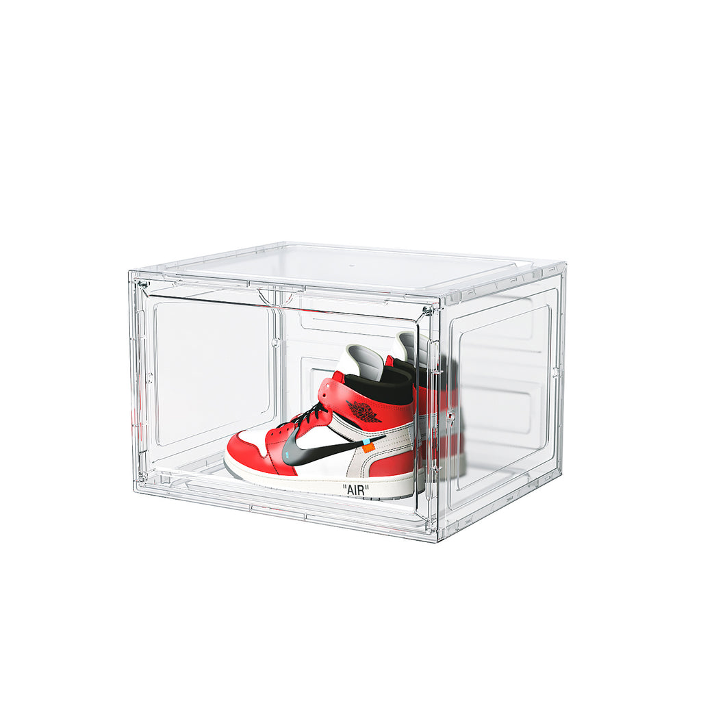 Shopi Vella large acrylic shoebox organizer clear storage box with red and white sneaker inside