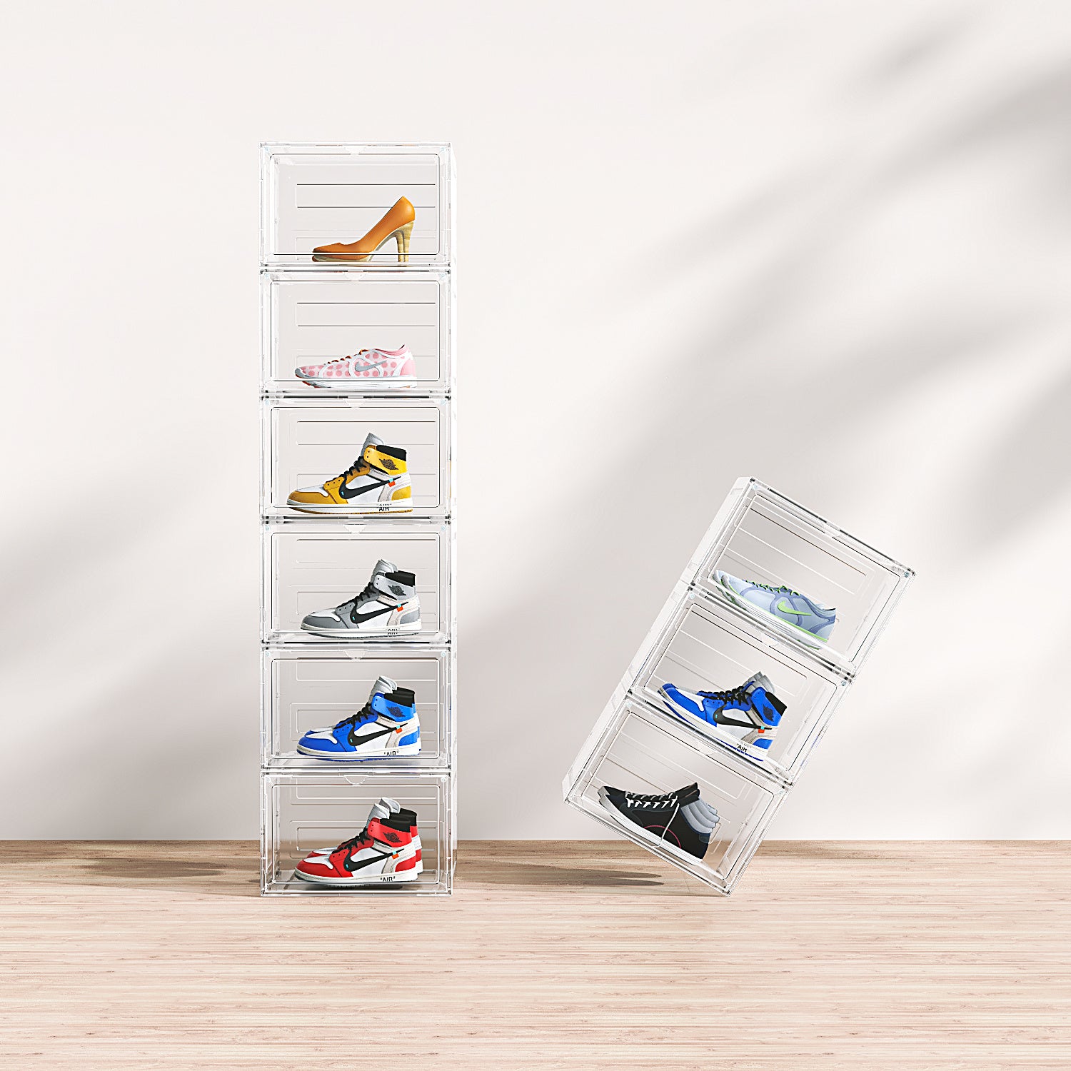 Shopi Vella large acrylic shoebox organizer stacked with various shoes on wooden floor