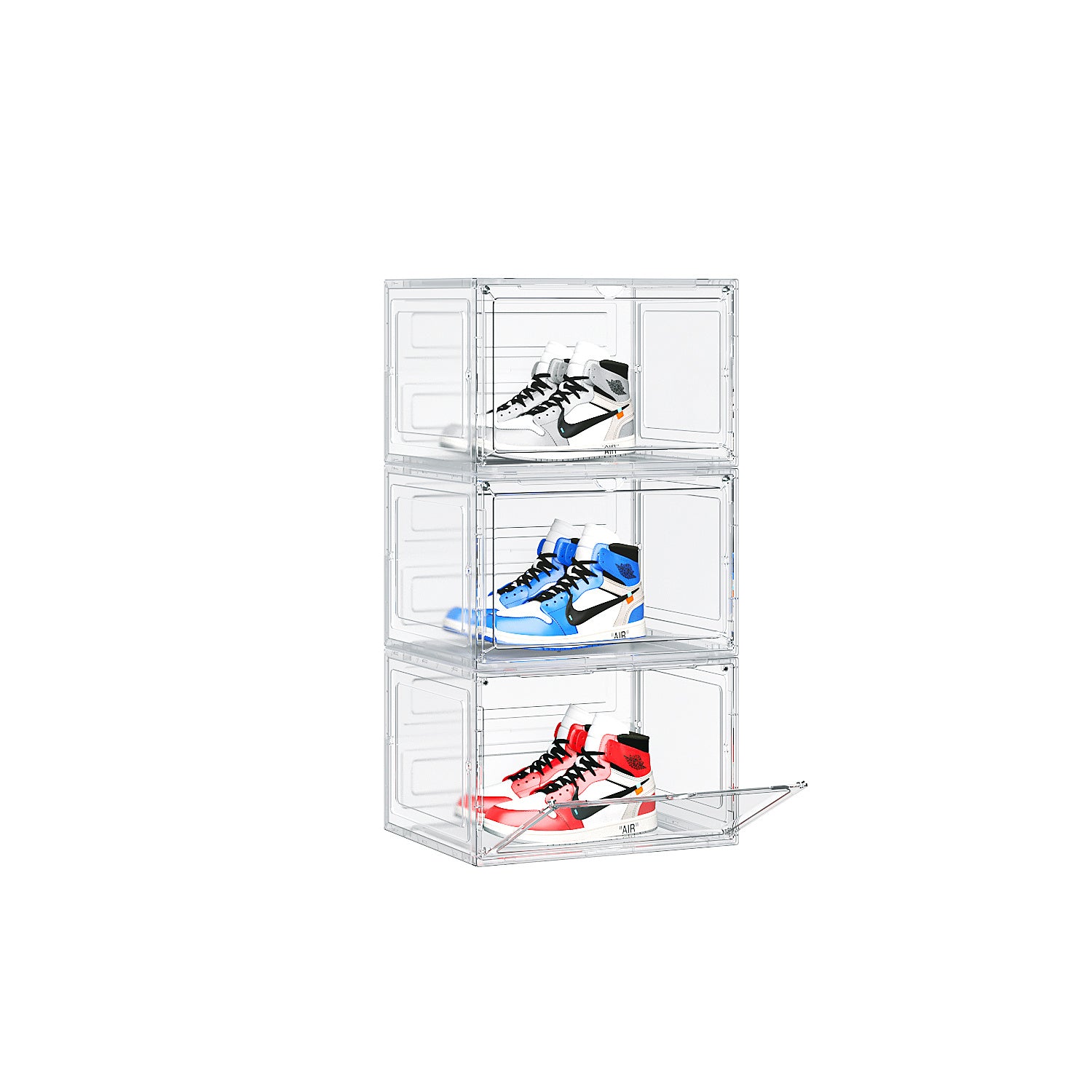 Shopi Vella large acrylic shoebox organizer stacked with three pairs of sneakers inside clear storage boxes
