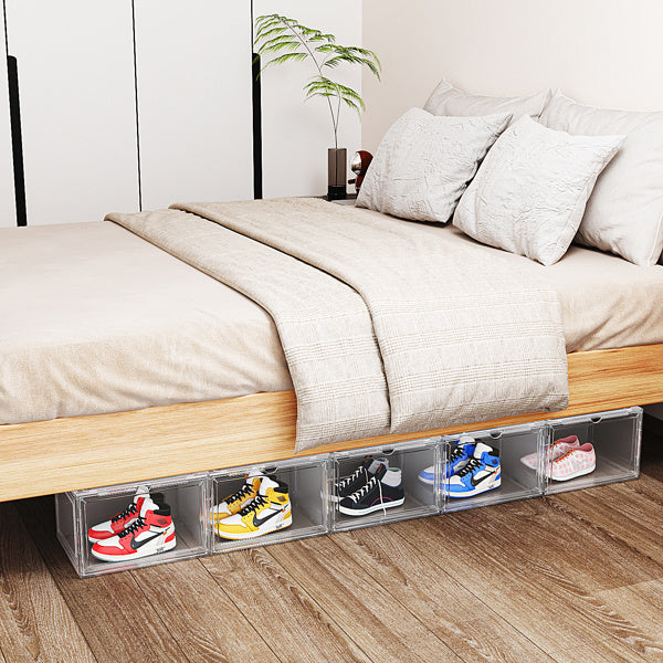 Shopi Vella large acrylic shoebox organizer under bed storing multiple pairs of colorful sneakers