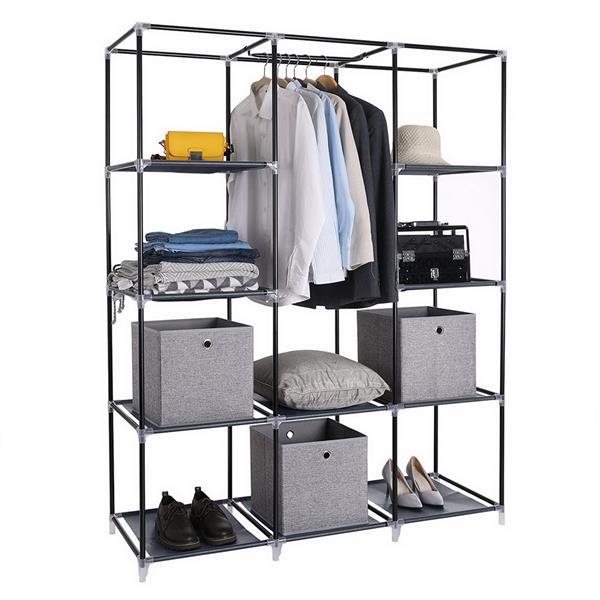 Shopi Vella large fabric wardrobe 130x45x167cm with black metal frame and gray storage bins holding clothes and accessories