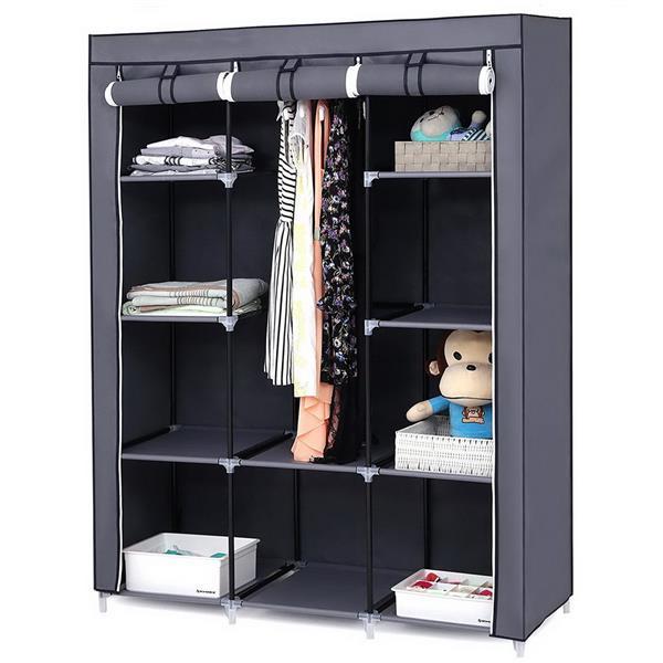 Shopi Vella large fabric wardrobe 130x45x167cm in dark gray with multiple compartments for clothes and storage
