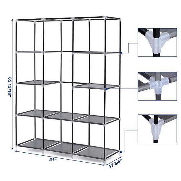 Shopi Vella large fabric wardrobe 130x45x167cm metal frame with multiple shelves and plastic connectors