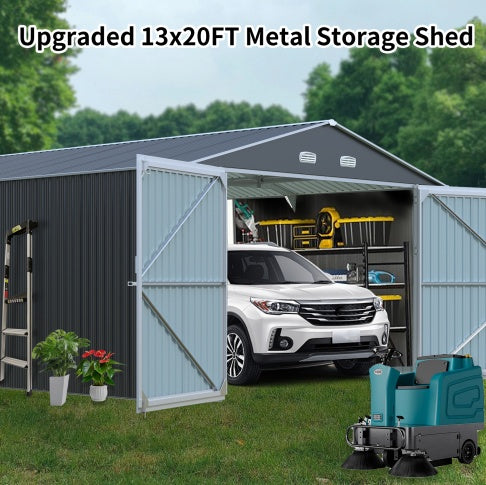Shopi Vella large outdoor storage shed with open double doors showing a white SUV and organized tools inside