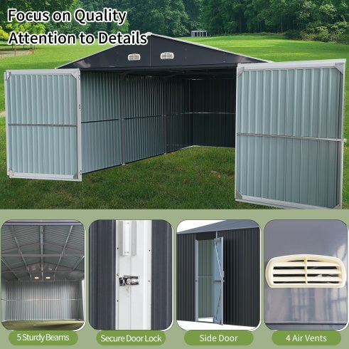 Shopi Vella large outdoor storage shed with double doors open showing spacious interior and metal panels