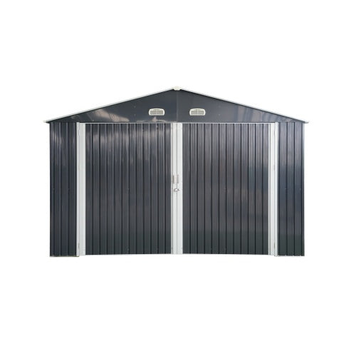 Shopi Vella large outdoor storage shed with black metal panels and double doors for secure storage
