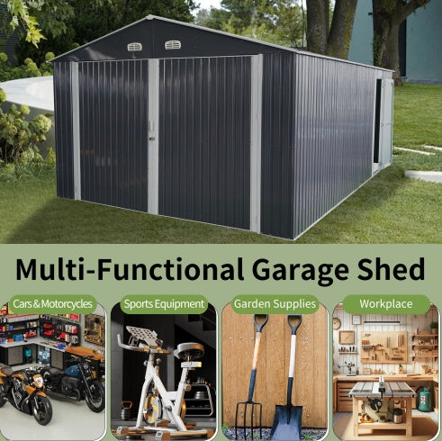 Large outdoor storage shed in dark gray metal with double doors for garage and garden storage