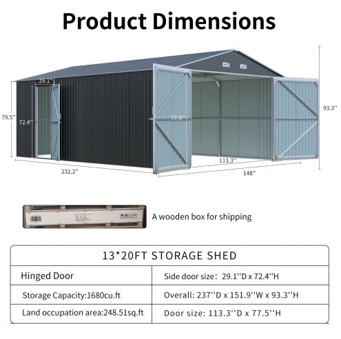 Shopi Vella large outdoor storage shed 13 by 20 feet with hinged doors and metal construction