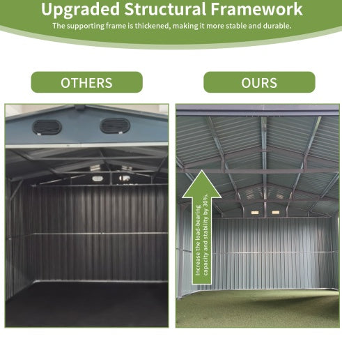 Shopi Vella large outdoor storage shed showing upgraded structural framework with thicker supporting frame for better stability