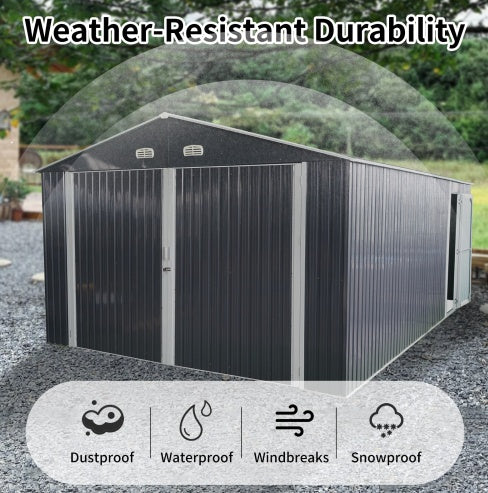 Shopi Vella large outdoor storage shed made of weather-resistant metal with dustproof waterproof windbreak and snowproof features