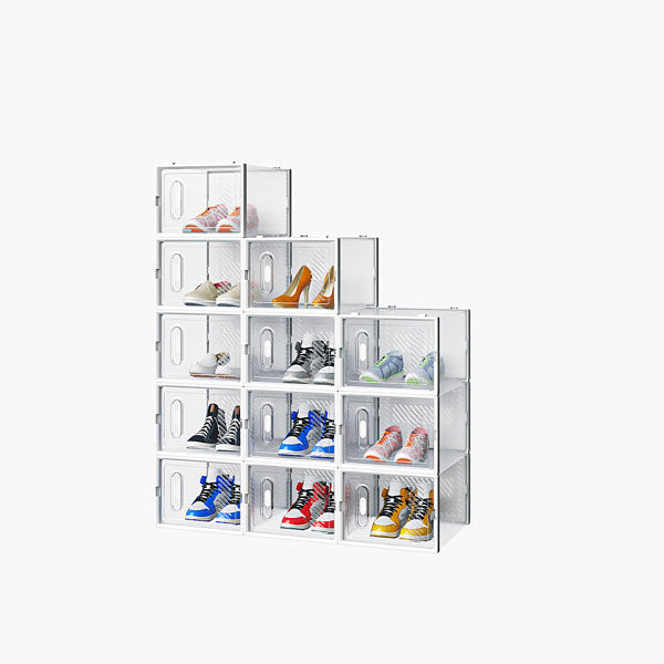 Shopi Vella large stackable shoe box organizer with multiple transparent compartments holding various sneakers