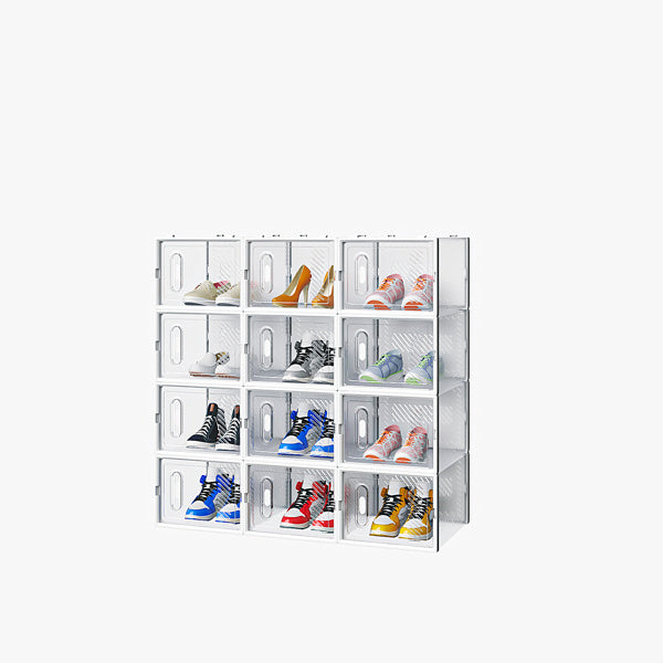 Shopi Vella large stackable shoe box organizer with clear compartments holding various sneakers and heels