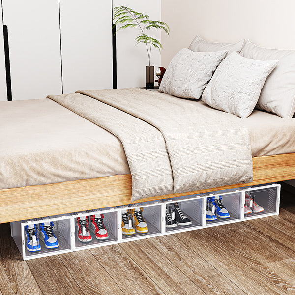 Shopi Vella large stackable shoe box organizer holding multiple pairs of sneakers under bed